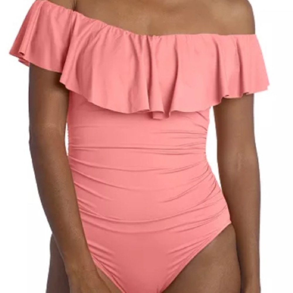 Le Blanca Island Goddess Off the Shoulder Ruffled Tummy Control Swimsuit